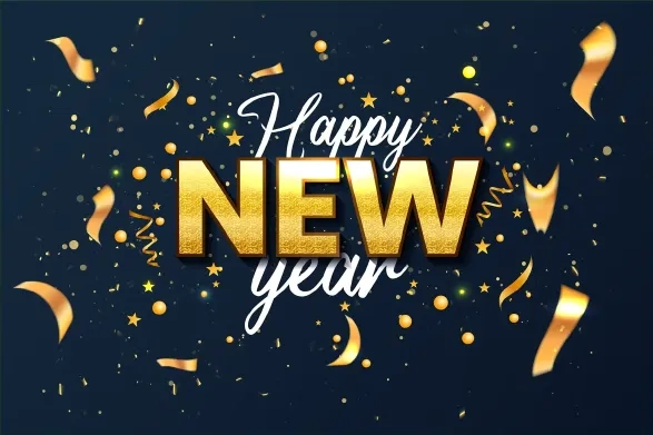 Gold New Year celebration text with glitter and confetti for a coastal break in Somerset