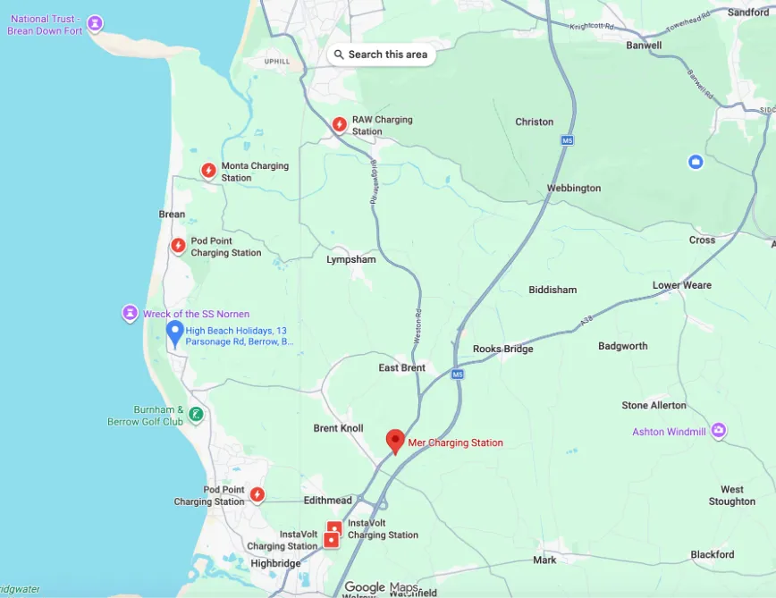 EV charging locations near High Beach Holidays in Brean and Burnham-on-Sea, Somerset