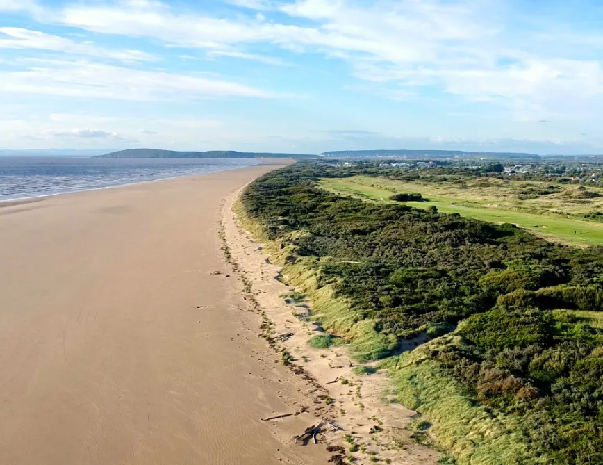 Aerial view of Berrow Beach and coastline towards Brean Down