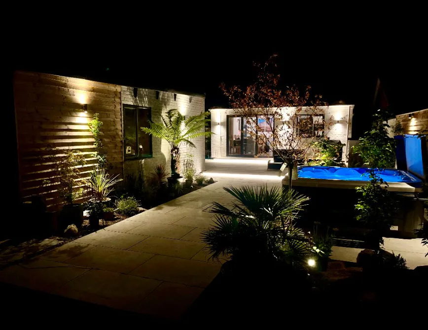 Hot tub at night at High Beach holiday cottage near Brean Beach on the Somerset coast